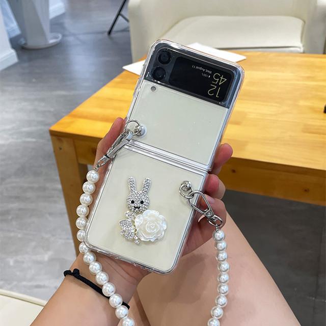 Rhinestone Rabbit Phone Cases For Samsung Galaxy Zflip 3 5g Fashion Niche Pearl Chain Cover For Galaxy Zflip Z Flip 4 Capa
