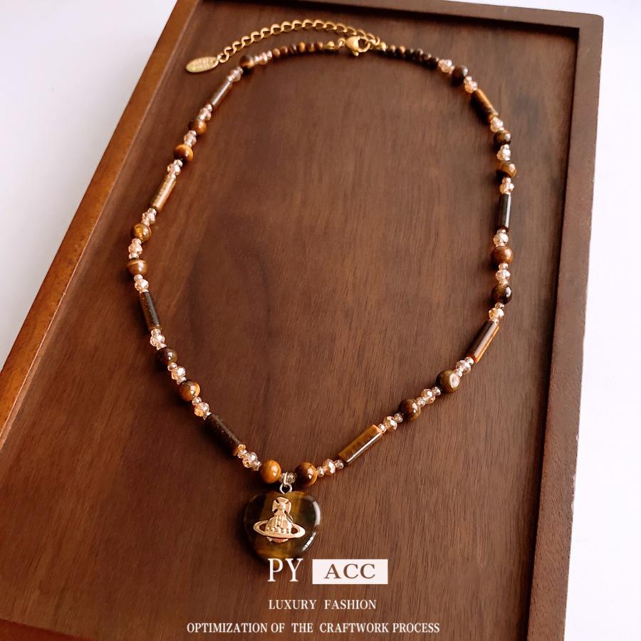 Maillard Ожерелье с подвеской в виде сердца из камня Тигровый глаз, премиальная цепочка для свитера в стиле легкой роскоши, ретро, универсальное ожерелье для женщин