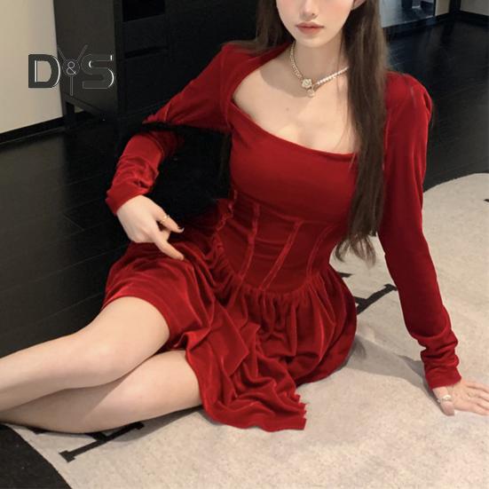 Women Dress Square Neck Pleated A-line Long Sleeves Pleated Slim Waist Velvet Mini Dress Prom Banquet Party Short Dress Fall Spring Princess Dress
