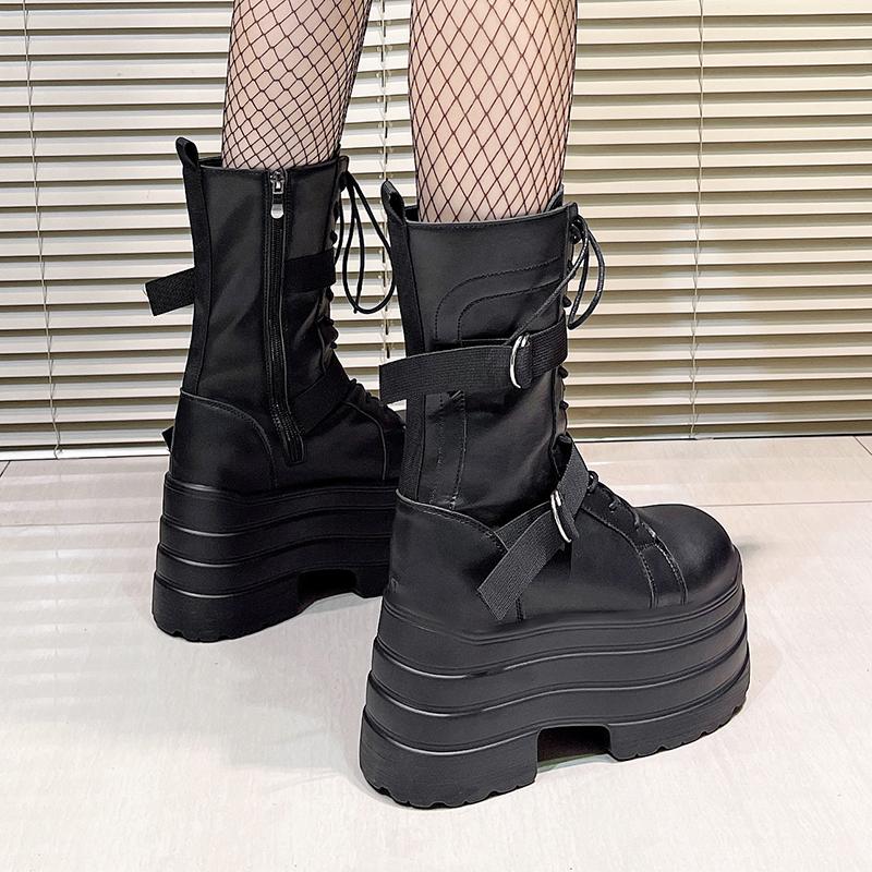 High Platform Gothic Boots Buckle Autumn Winter Leather Shoes Punk Street Cosplay Mid-calf Boots Motorcycle Short Botas 13.5cm