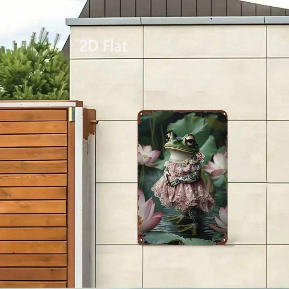 Жестяная табличка 2D Лягушка и Леди, 8x12 дюймов, Металлическое настенное искусство 'Пруд с лотосами', Наружное украшение, Декоративный элемент для дома, Легкая установка