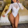 White Silk Sexy Lingerie European and American Long Sleeve Bikini Sexy Backless Fake Sheer One-Piece Hollow Out Mesh Dress