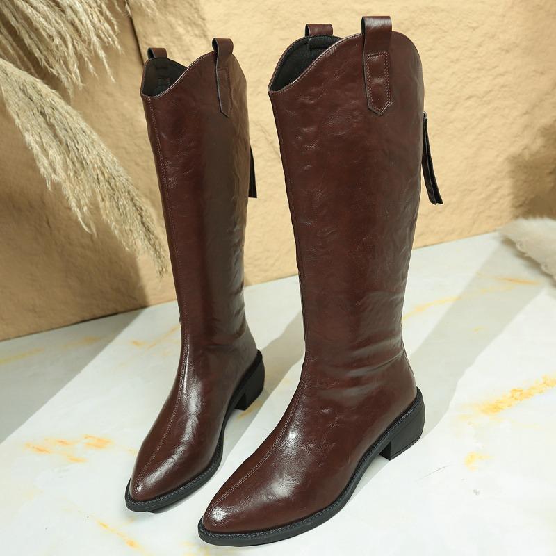 Fashion Retro Tall Boots Fall New Pointed Toe Rear Zipper Non-Slip Wear-Resistant Block Heel No Knee Thigh Boots