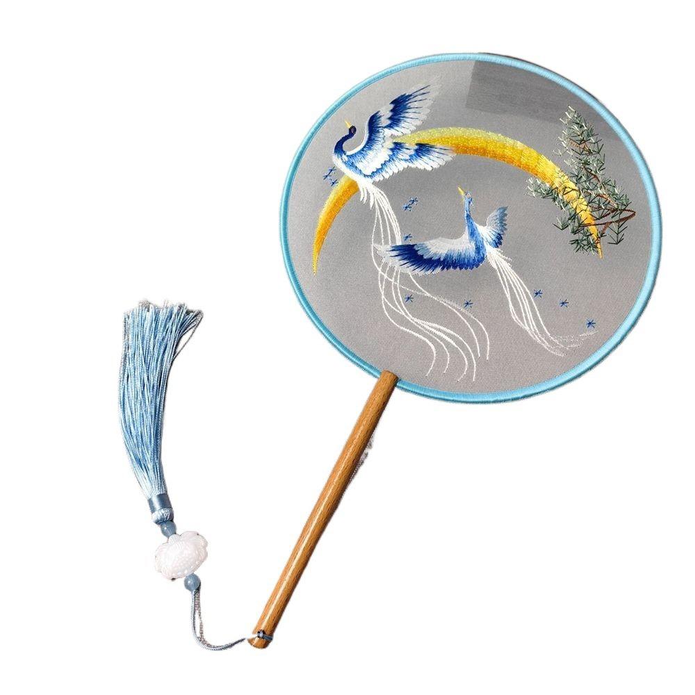 Round Double Sided Embroidery Fan Chinese Style Flower Silk Fan Vintage Hanfu Hand Fan for Guests