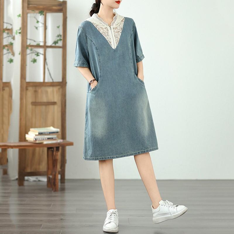 Короткий рукав Плюс размер джинсовая кружевная винтажная новинка в платьях для женщин повседневное свободное летнее платье миди