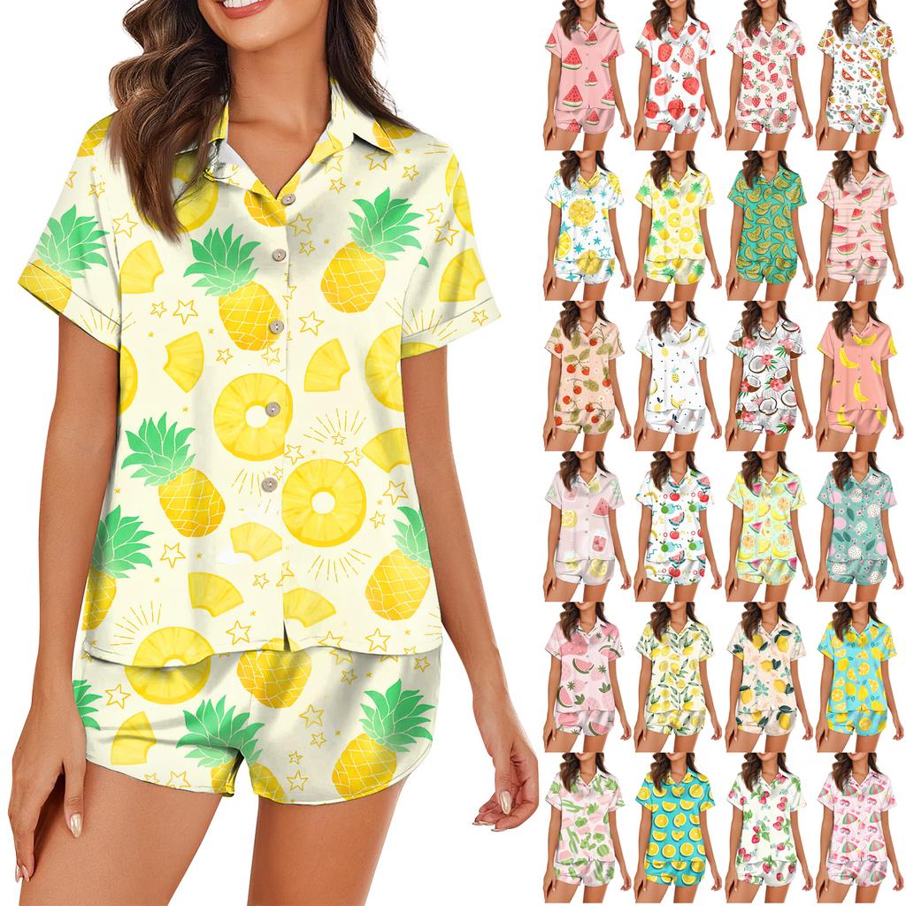 Women's Silk Pajamas Button Home Clothes Star Print Short Sleeve Satin Pajama Set 2 Piece Set