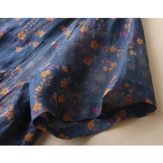 Летний тонкий хлопковый льняной топ с воротником-стойкой для женщин, блузка с цветочным принтом и коротким рукавом, художественная рубашка с откидным воротником