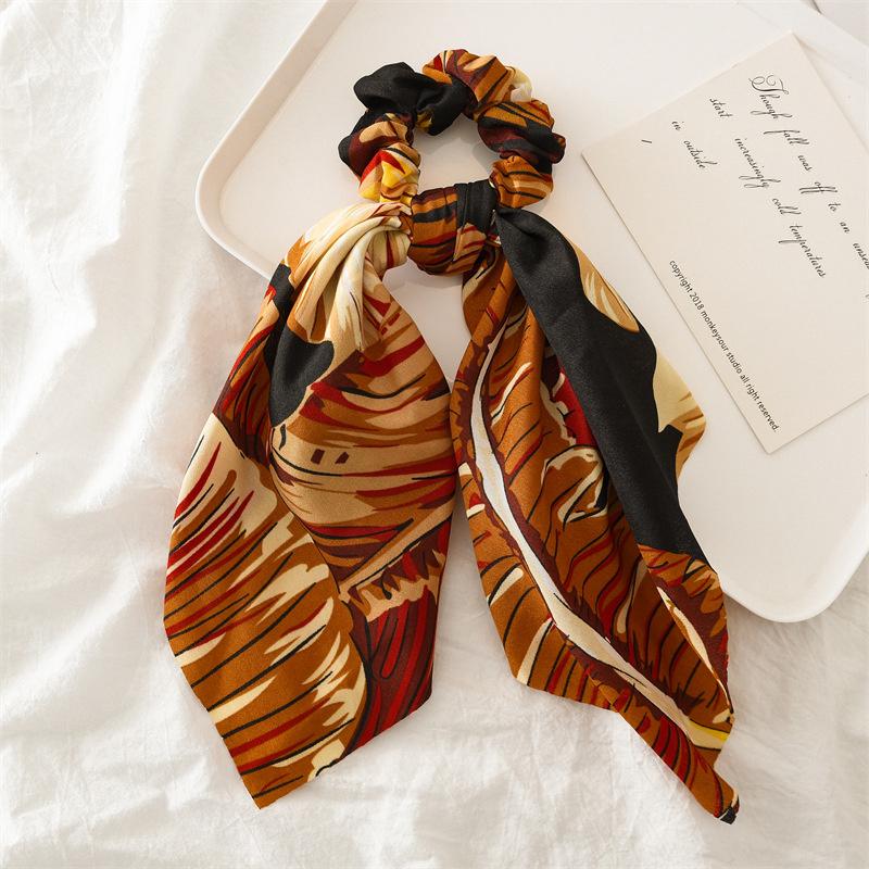 New Fashion Print Leaf Long Scarf Hair Band For Women Scrunchie Elastic Ribbon Bow Tie Ponytail Holder Hair Accessories Headwear