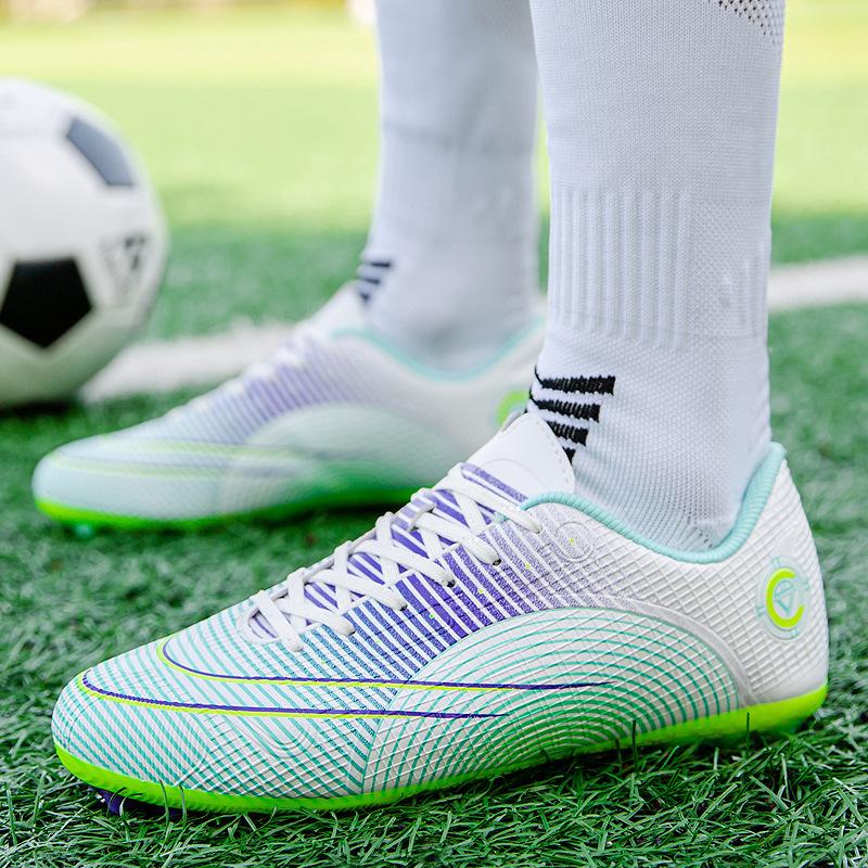 Новые футбольные бутсы для мальчиков и девочек, детские длинные шипы TF, взрослые зеленые тренировочные бутсы для искусственной травы