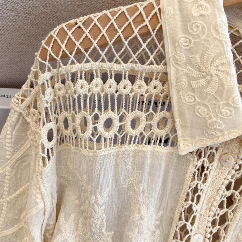Dimanaf 2025 Новая летняя рубашка на пуговицах Женская кружевная блузка Вышивка Короткий рукав Модные топы Футболки Повседневные свободные футболки