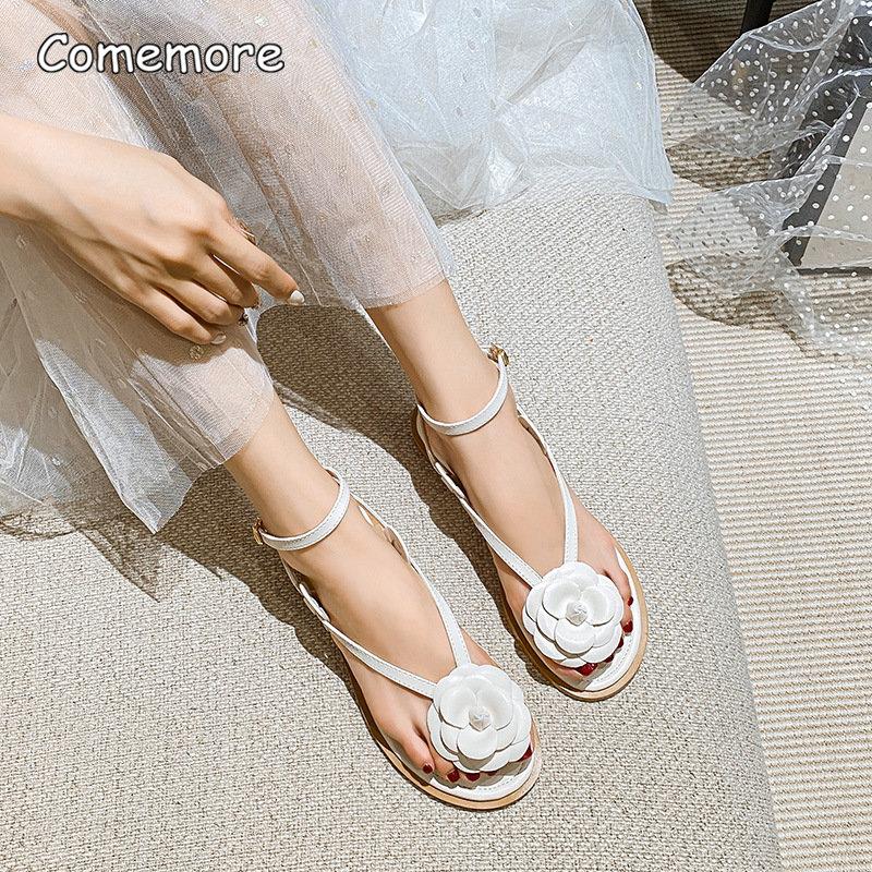 Празднуйте 2025 Лето Новые Элегантные Женские Сандалии На Плоской Подошве Женская Обувь Дизайн с Цветком Черные Белые Вьетнамки Большой Размер 42 43