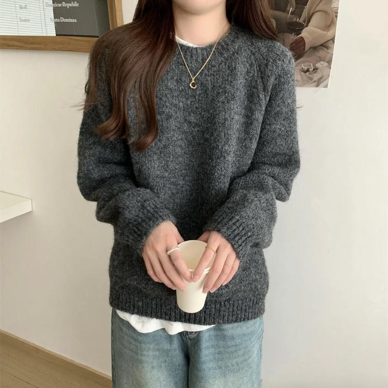 Autumn Winter Simplicity Casual Women Sweater Lazy Wind Solid O-Neck Loose Long Sleeve Pullovers Knitted Tops