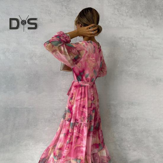 Женское вечернее платье в стиле пэчворк с V-образным вырезом на шнуровке на талии в богемном стиле с рукавами-фонариками плиссированное шифоновое платье макси с красочным принтом трапециевидной формы с большим подолом