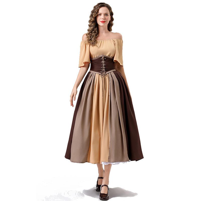 Cosplay European and American retro dress contrasting color splicing Feifei sleeves lace waist princess dress one-word shoulder dress skirt tutu skirt