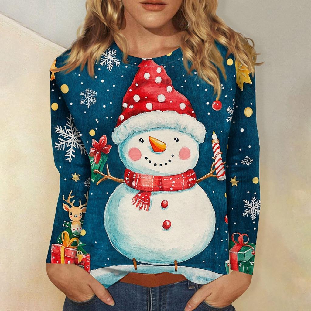 Рубашки с длинным рукавом для женщин Милые принты Футболки Блузки Повседневные Большие размеры Базовые топы Пуловеры Рождественские
