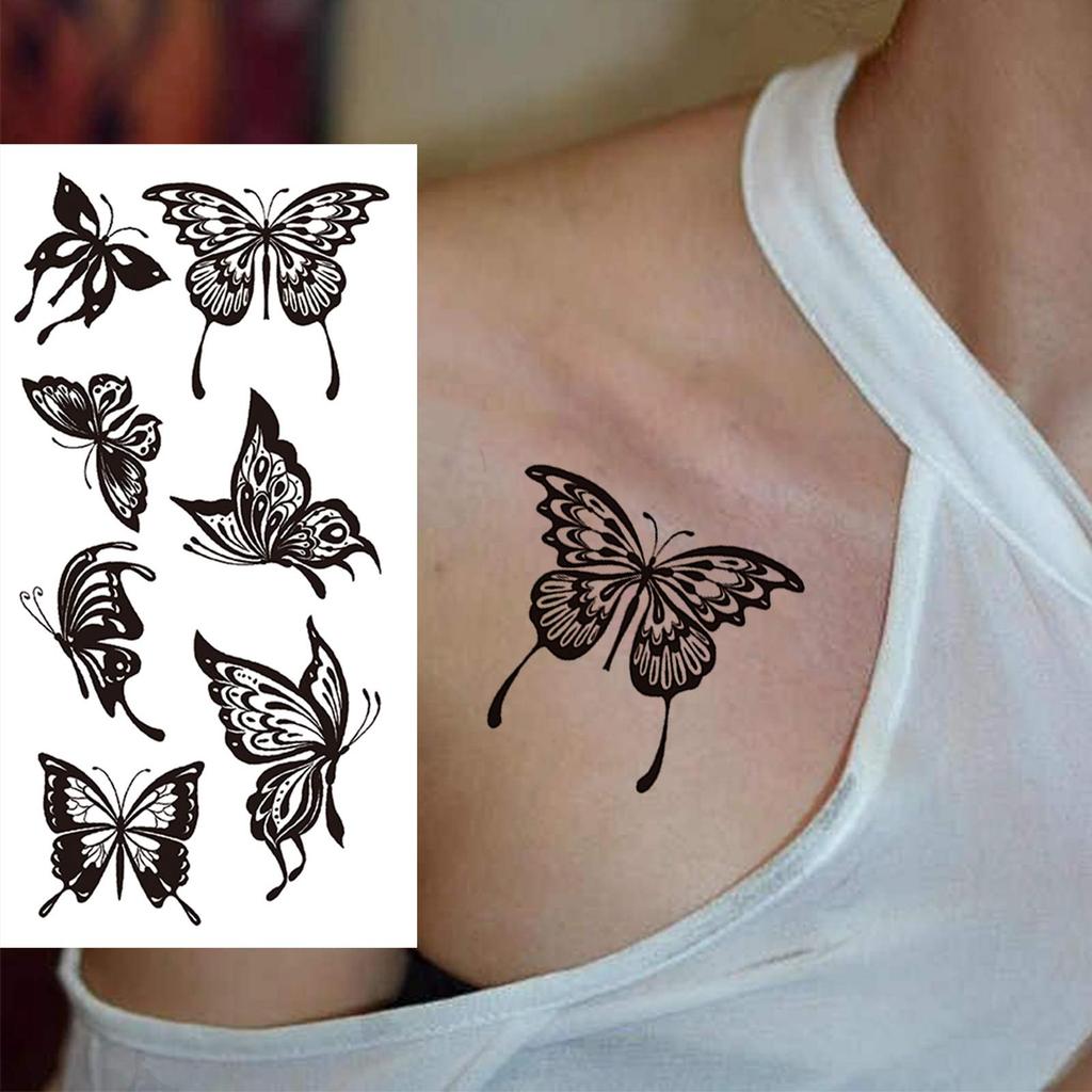1 Sheet Black Butterfly Temporary Tattoos For Women Adults Fake Water Transfer Letter Tattoo Sticker Neck Hands