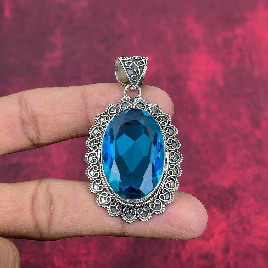 Blue Topaz Pendant, 925 Solid Sterling Silver Gemstone Jewelry, Handmade Pendant, For Thanksgiving