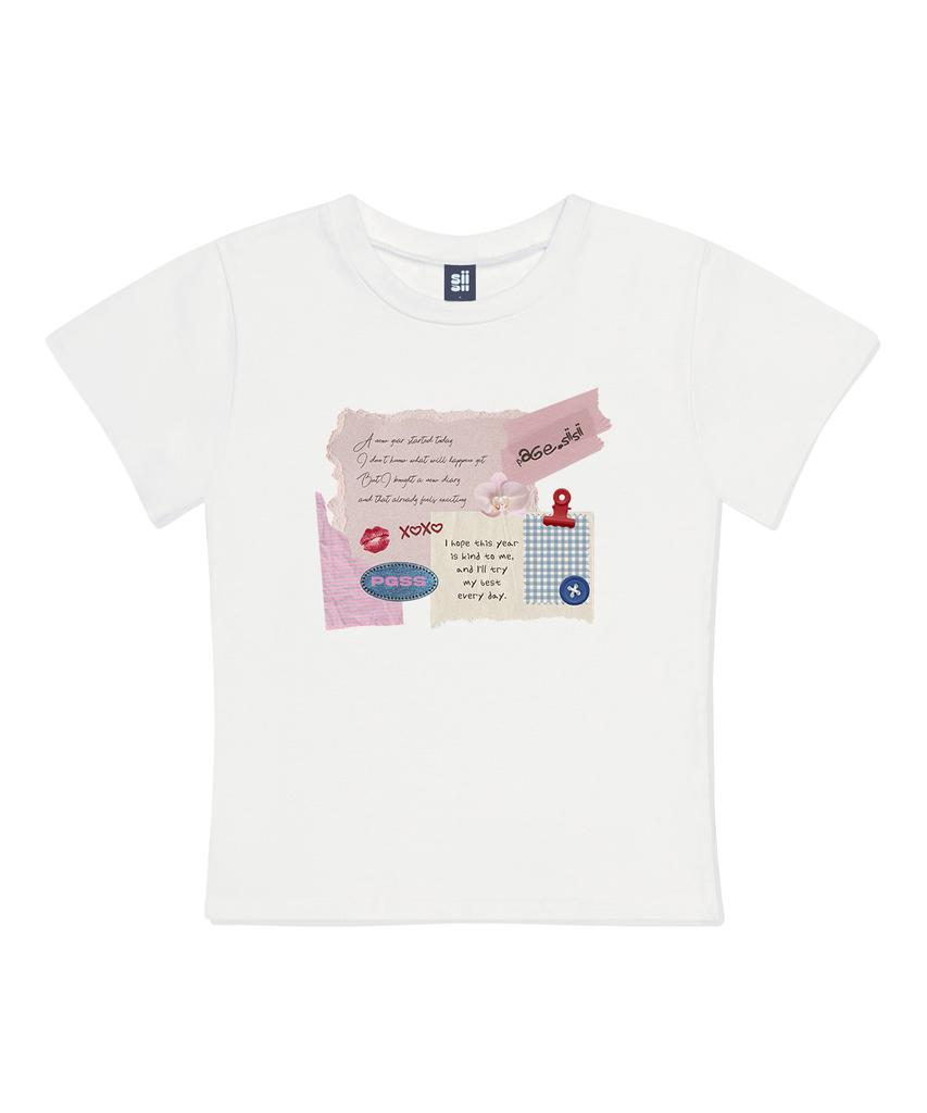 PAGESIISII New Diary Print Slim Fit Short Sleeve T-Shirt Ivory