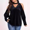 Womens Sexy Plus Size Blouse Velour Cutout Shoulder Shirt V Neck Long Sleeve Pullover Tops