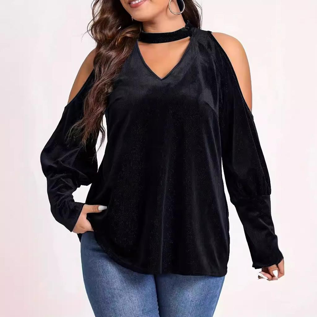 Womens Sexy Plus Size Blouse Velour Cutout Shoulder Shirt V Neck Long Sleeve Pullover Tops