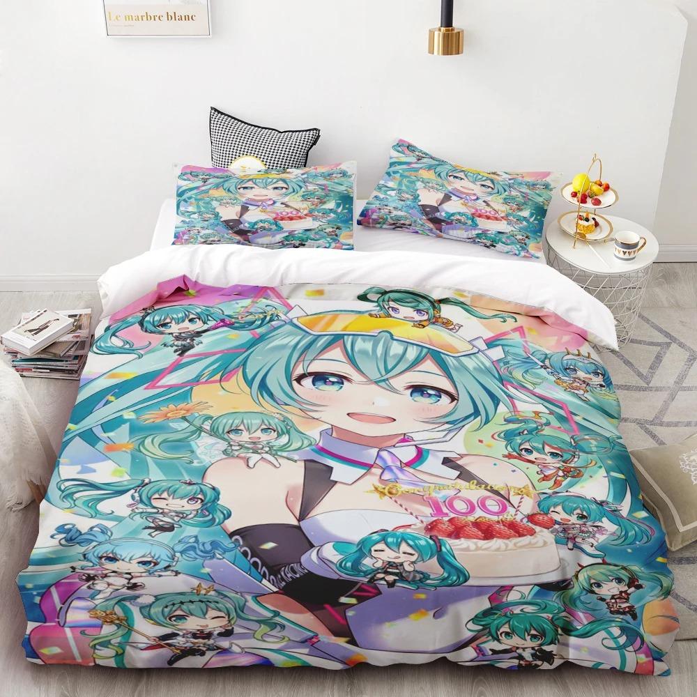 Duvet Cover Hatsune Miku Anime Singer Beautiful Girl Bedding Set Cartoon with 1/2 Pillowcase for Women Men Teens Bedroom