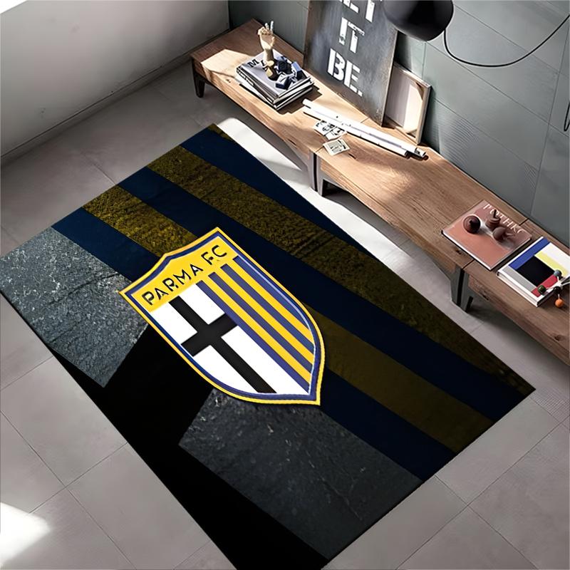 Football Club Area Rug, Parma FC Crest Black Cross Yellow Stripes Shield Print, Soccer Fan Supporter Decor, Non-Slip Mat