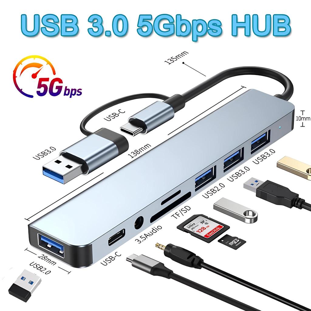 Док-станция 8 в 2 типа C, USB-разветвитель, адаптер USB C, высокоскоростная передача данных 5 Гбит/с, USB 3.0 2.0 3.5, аудиоразъем, устройство чтения карт SD/TF, адаптер OTG