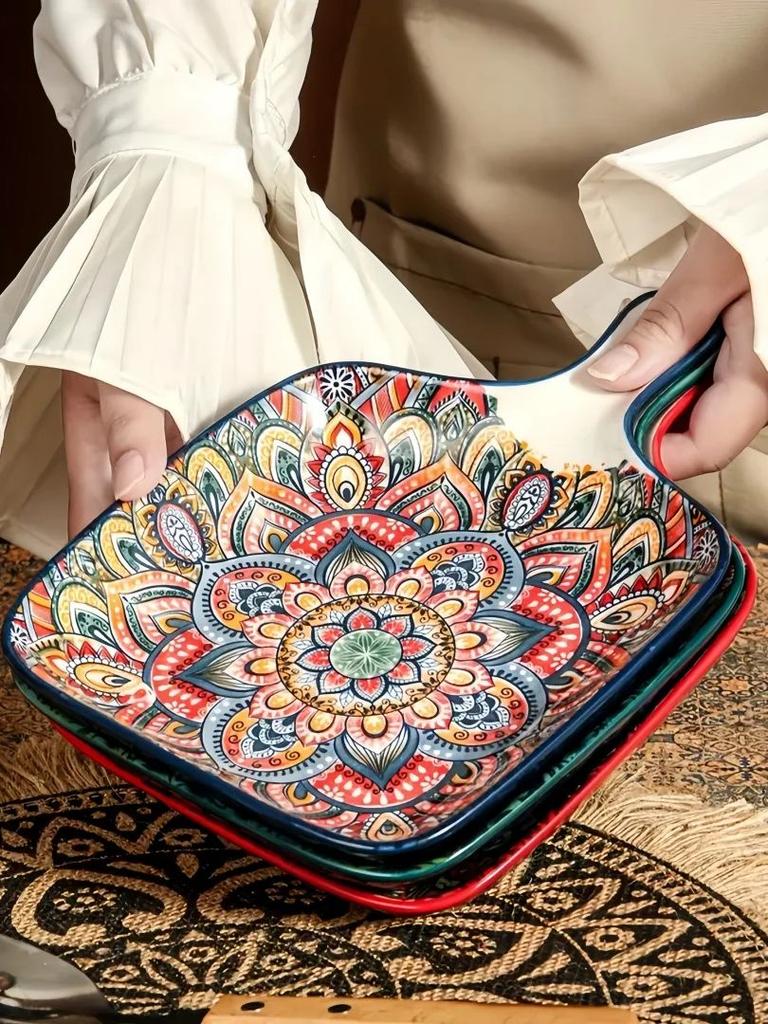 Богемная ручка квадратная керамическая тарелка, креативная бытовая тарелка для блюд, тарелка для фруктов и пасты от интернет-знаменитости, тарелка для закусок высокой ценности