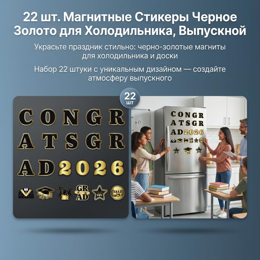 22Pcs Black-Gold Magnetic Fridge Stickers Graduation Party Decor for Classroom Refrigerator