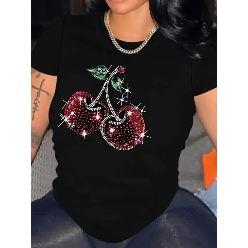 Summer Round Neck 3D Cherry Print Top Fashionable Casual Short Sleeved Women's T-shirts