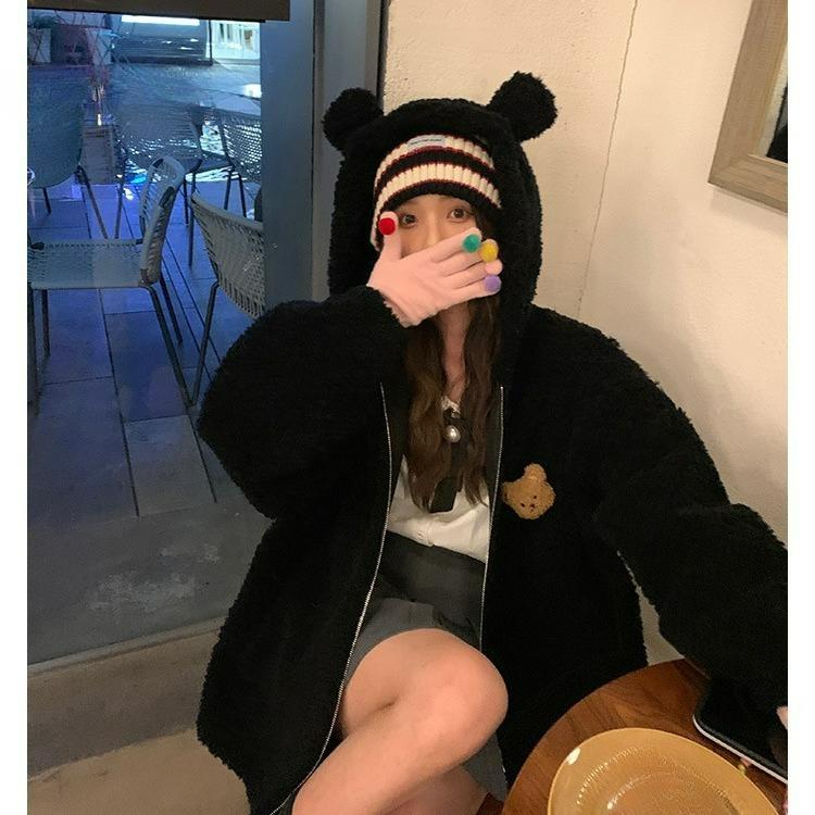 Свитер из овечьей шерсти с медвежьими ушками, женский кардиган на молнии, осенне-зимняя шерстяная куртка в ленивом стиле, женская