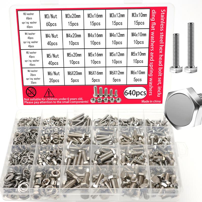 640pcs stainless steel hex bolt, nut, and washer set, M3-M4-M5-M6 full thread, grade 8.8/10.9, SUS, A2/A4 marine grade.