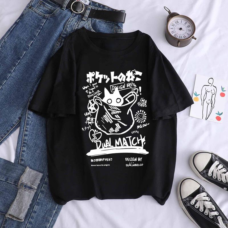 Новые мужские женские мультяшные футболки Харадзюку Каваи Кошка с принтом Футболки с коротким рукавом Парная уличная одежда Y2K Топы Графические футболки
