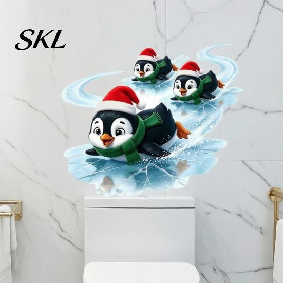 Xmas Wall Decal 1/2 Sheets Christmas Cartoon Penguin Sticker, Waterproof Three Penguins Decorative Decal, Self-Adhesive Animal Bathroom Toilet Sticker
