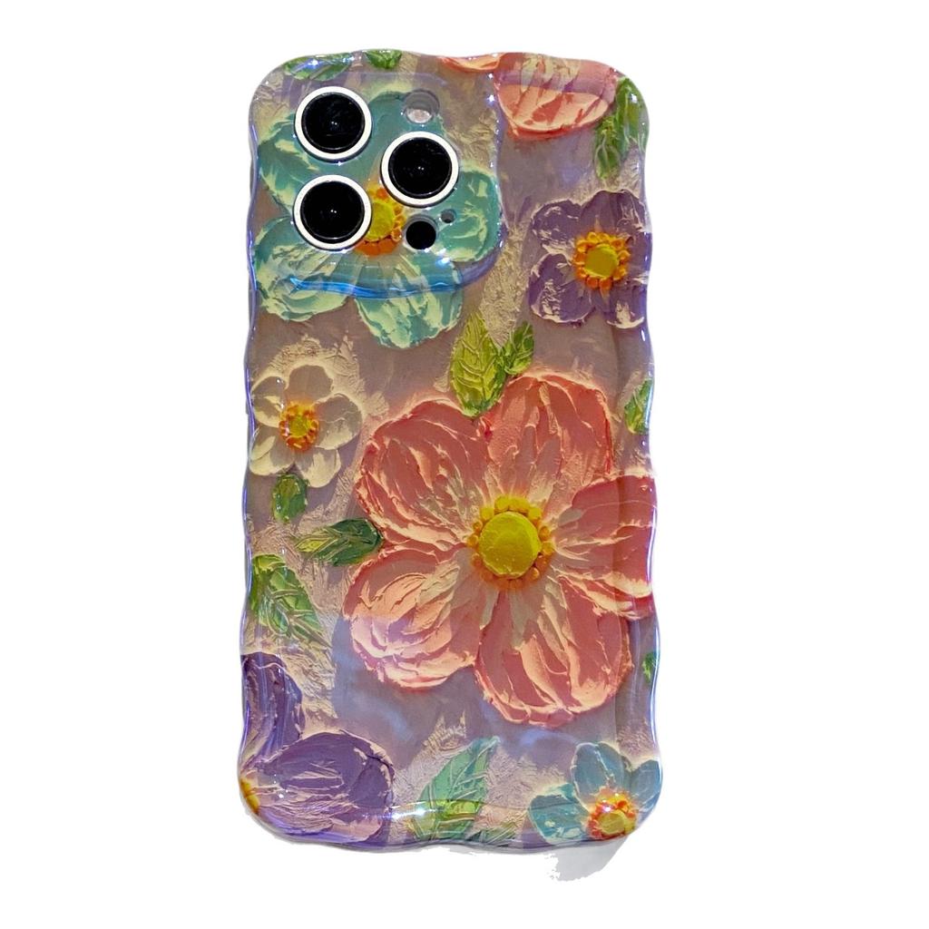 Twist oil painting purple flower mobile phone case for Apple 16PRO fine hole anti-drop 15/14 flower protective case