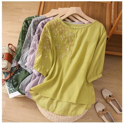 Женские вышитые хлопково-льняные блузки свободного кроя с коротким рукавом, футболка в стиле ретро, приталенные рубашки с круглым вырезом