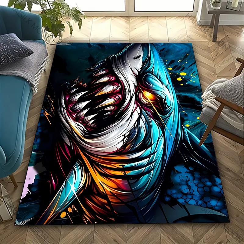 3D Shark Theme Printed Carpet Edgy Nautical Horror Statement Rug for Living Rooms Bedrooms, Office Areas, Durable Washable Mats