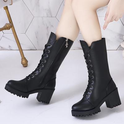 Зимние толстоподошвенные ботинки до середины икры на шнуровке с круглым носком и квадратным каблуком, с флисовой подкладкой, теплые, модные ботинки для верховой езды