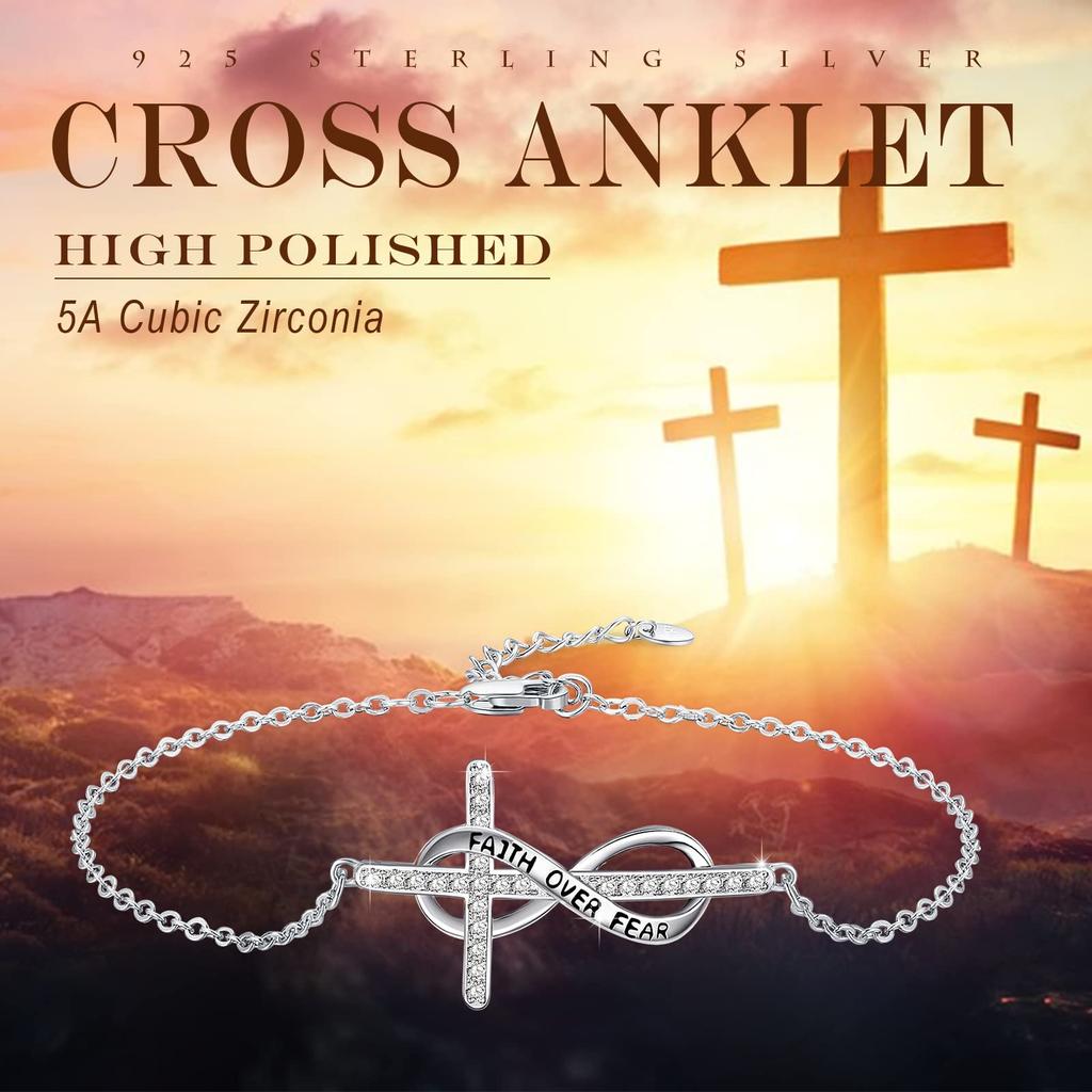 Infinity Cross Anklet Bracelet 925 Sterling Silver Religious Cross Anklet Faith Hope Adjustable Bracelet Cross Jewelry Christmas Gift Daughter Mother