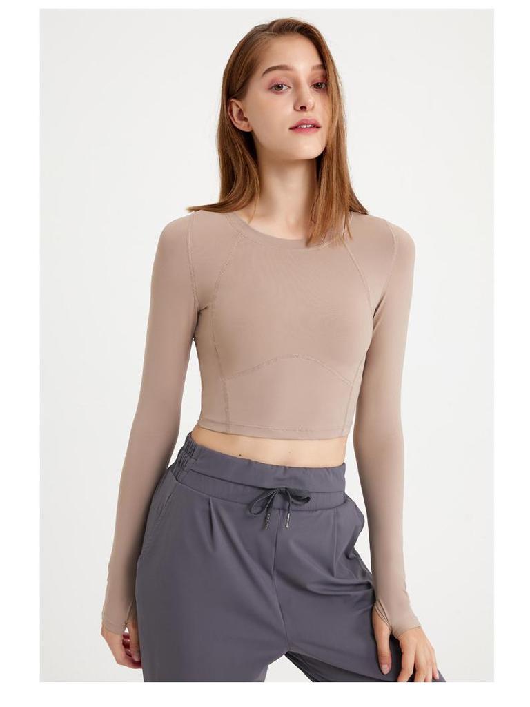 Осенний женский укороченный топ для йоги из какао-сетки с длинными рукавами