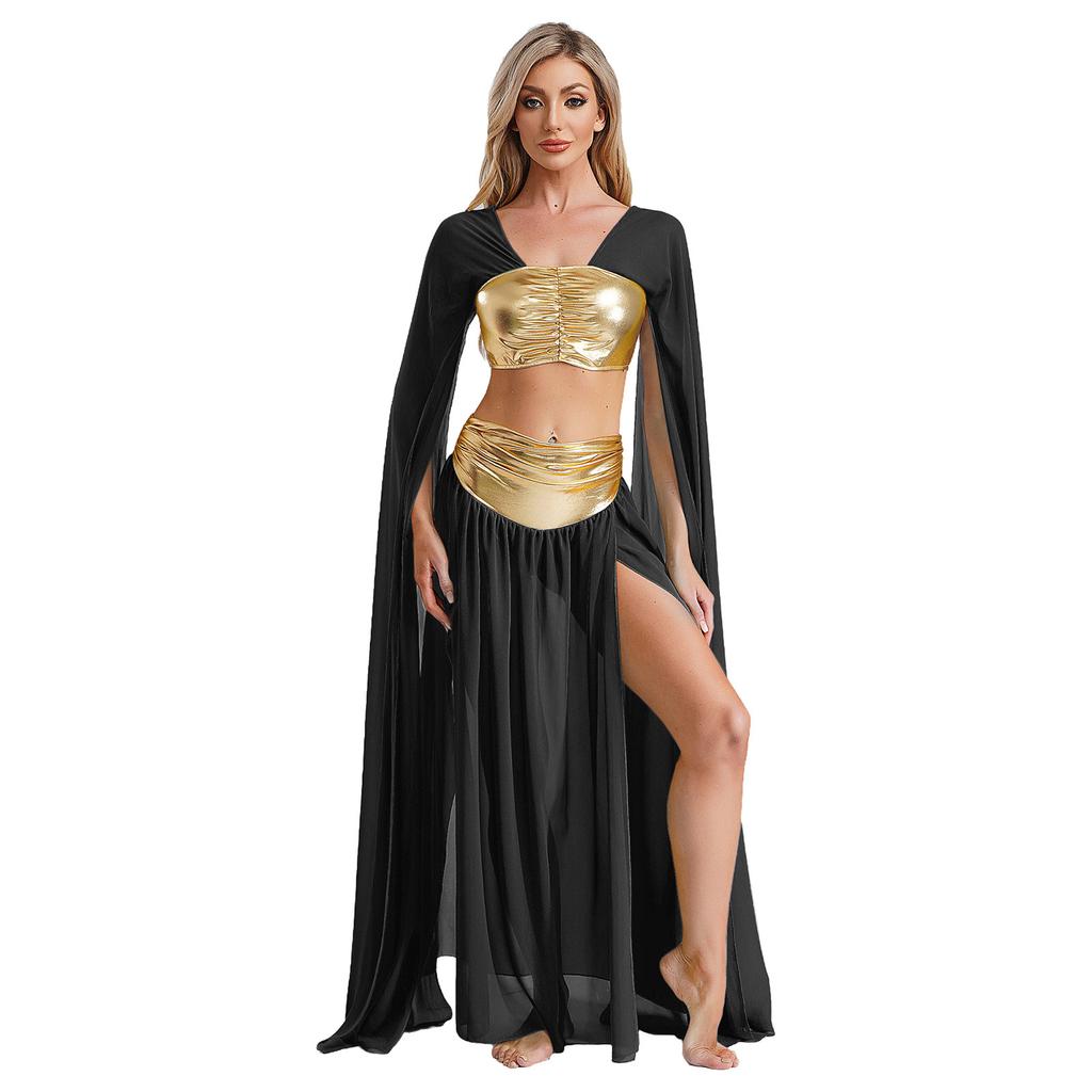 Womens Egyptian Cleopatra Costume Crop Top Split Chiffon Skirt Set Halloween Party Wear