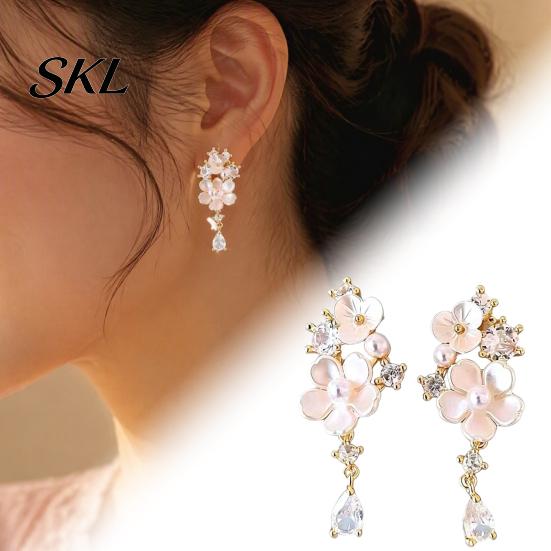 Gold Plated Dangle Earrings 1 Pair Flower Drop for Women, Pink Date Night Fashion Jewelry with Rhinestone Teardrop Charm, Statement Wedding,