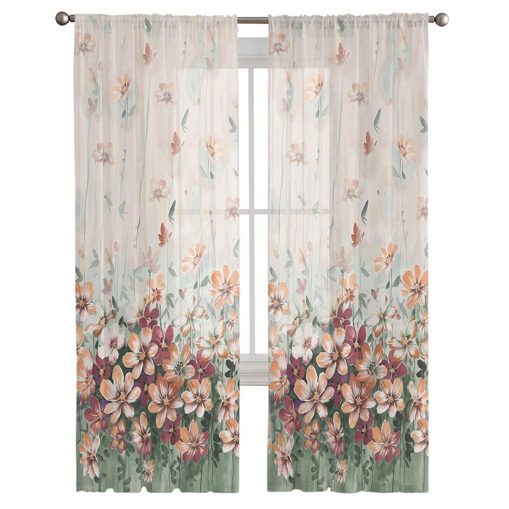 Цветы и растения, градиентные оконные тюлевые шторы для гостиной, кухни, современные оконные занавески, вуали