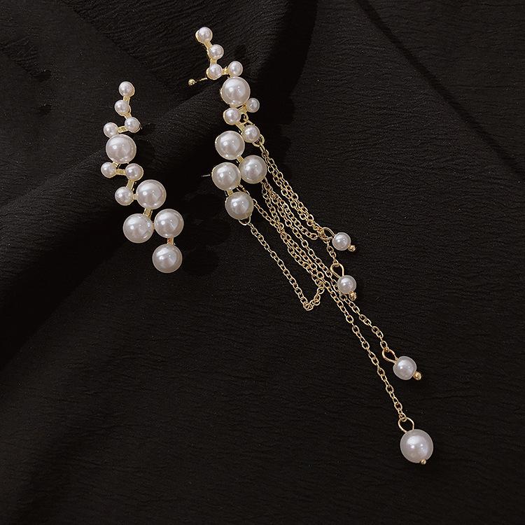 Pearl tassel asymmetrical earbone clip integrated earrings personality temperament fashion earrings sterling silver