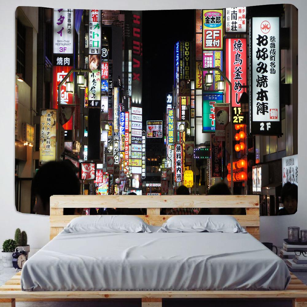 Япония Токио город ночной вид гобелен общежитие покрывало матрас колдовство настенный богемный фон в стиле хиппи Настенный декор