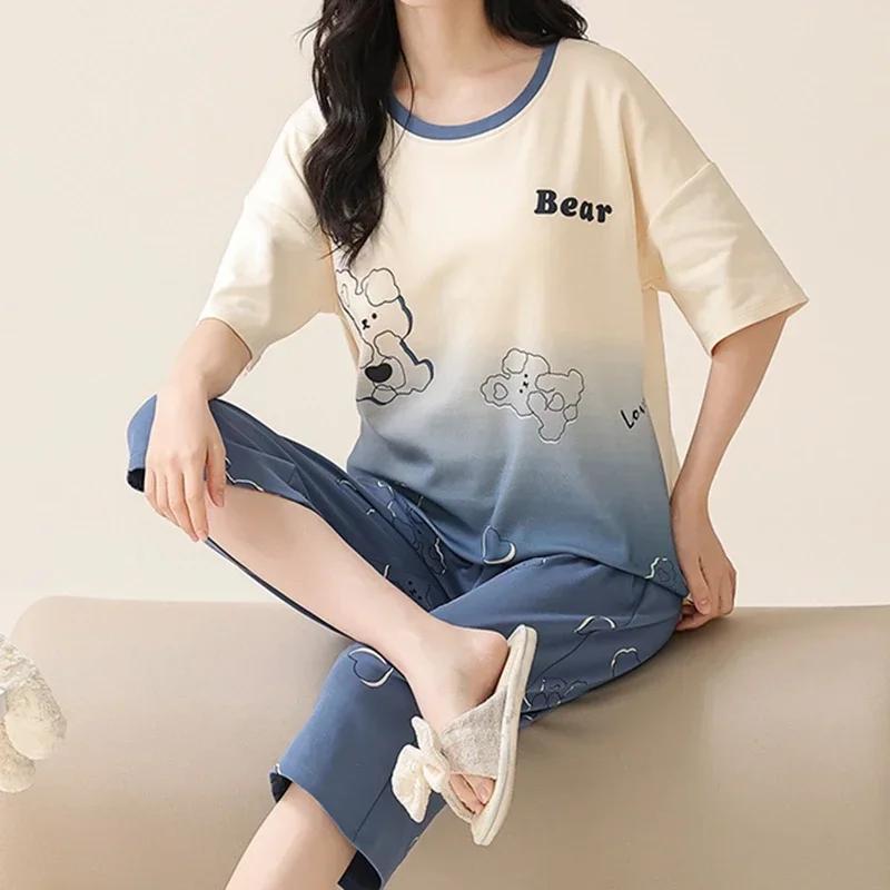Летние пижамы-капри для женщин, повседневные пижамные комплекты с мультяшными лацканами, милая пижама для девочек из мягкого хлопка