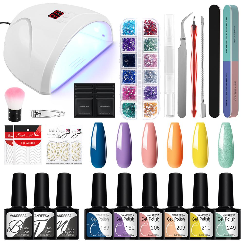 VANREESA Набор гель-лаков для ногтей с лампой для сушки ногтей, замачиваемый УФ-светодиодный полуперманентный набор гелей для ногтей, набор инструментов для дизайна ногтей