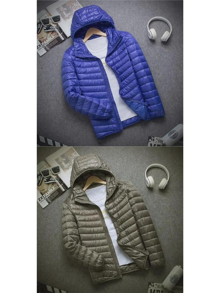 Легкий мужской пуховик: Несезонная, короткая модель с воротником-стойкой, с капюшоном, большой размер для людей среднего и пожилого возраста