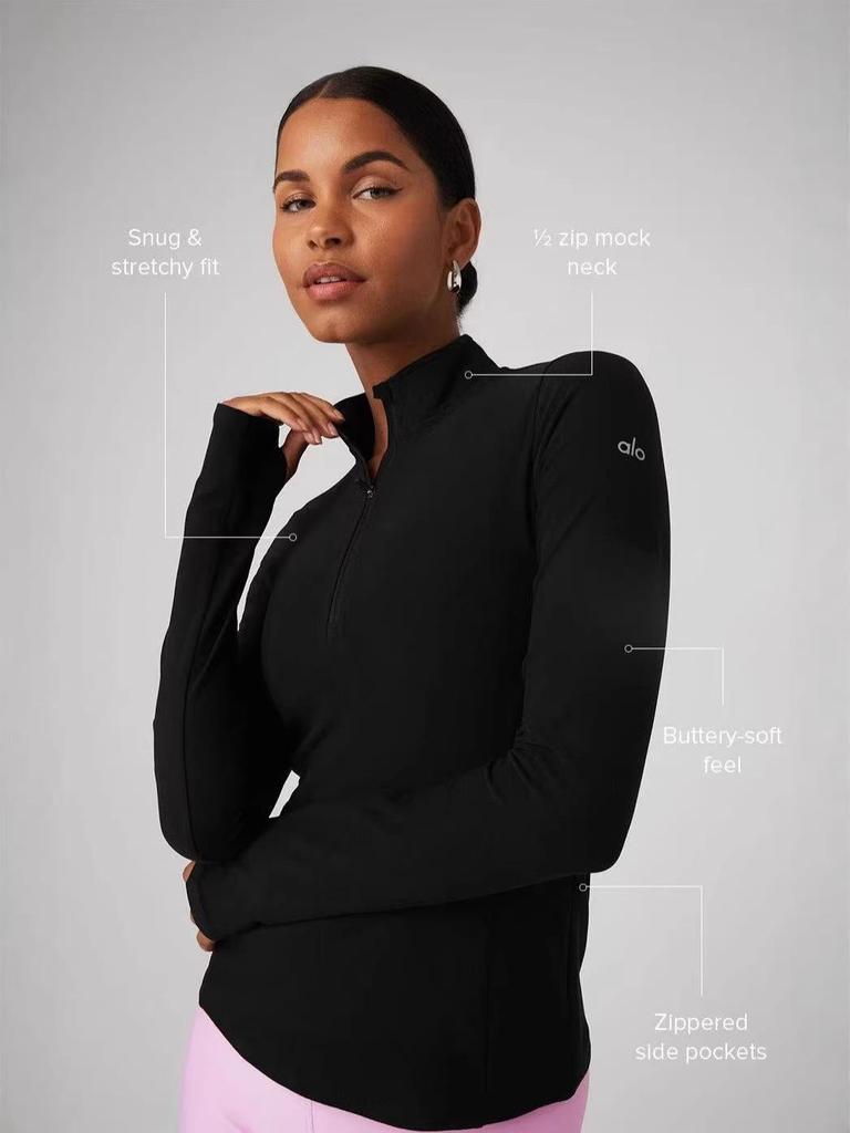 Женский оригинальный базовый слой для йоги Alo Slim-Fit с полумолнией - Топ для тренировок с длинным рукавом для осени/зимы