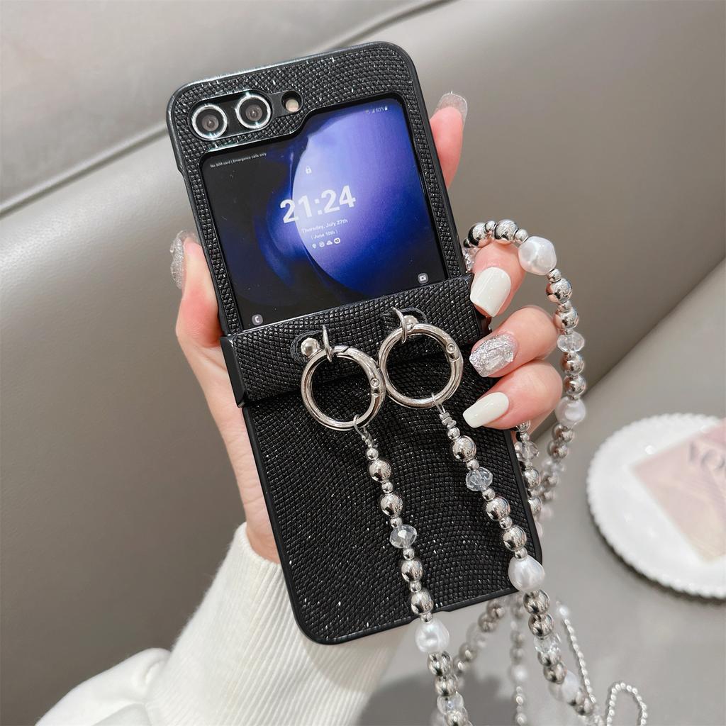For Samsung Galaxy Z Flip7 FE 5G/Z Flip6 5G Case Hinge Protection Leather+PC Phone Cover with Crossbody Beaded Strap